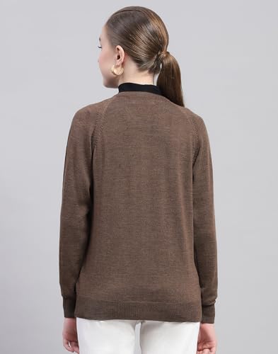 Monte Carlo Womens Solid Dark Brown Round Neck Full Sleeve Cardigan