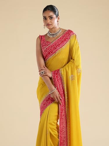 AKHILAM Women's Yellow Vichitra Silk Embroidered Embellished Saree With Unstitched Blouse Piece (ANIKA3801_AG)