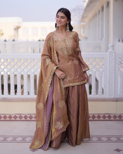 Women's Silk Blend Embroidered Kurta Set With Palazzo And Dupatta