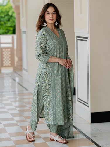 Arayna Women’s Cotton Printed Kurta Set with Pants & Dupatta | Elegant Ethnic Wear for Women | Floral Print | Comfortable Suit Set, Pastel Green, Small