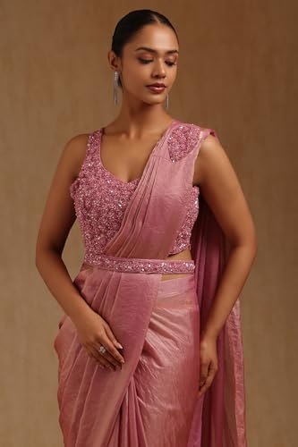 Soch Womens Blush Pink Organza Solid Ready To Wear Saree