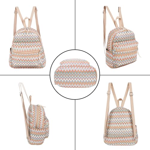 Meyaus Women Medium Straw Handmade Woven Backpack Casual Beach Daypack Shoulders Bag, Wave Pattern Orange, One Size, Daypack Backpacks