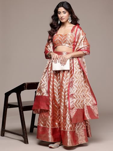 Aarke Ritu Kumar Peach Brocade Sweetheart Neck Blouse With Lehanga And Dupatta