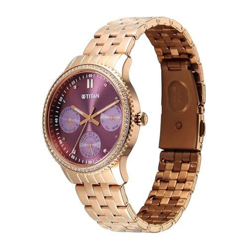 Titan Purple Sports Fashion Quartz Purple Dial Stainless Steel Strap Watch for Women