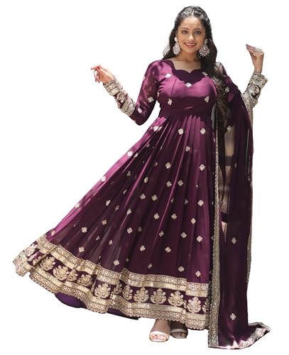 Fashion Basket Women's Red Georgette Anarkali Kurta Set with Duptta for Women (Purple, XL)