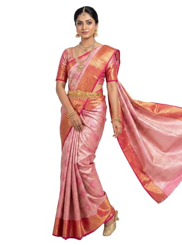 MIMOSA Women’s Rani Pink Art Silk Saree Woven with Zari Tissue | Kanjivaram Style Saree | Rich Pallu & Tassels | 6.2 Mtr