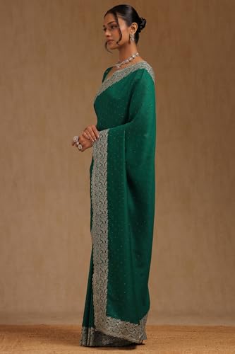 Soch Womens Teal Green Tussar Embellished Saree With Stone Work