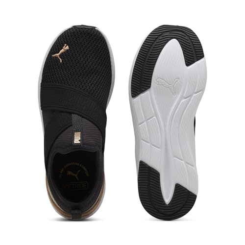 PUMA Women's Softride Harli Slip on Training Shoes Sneaker, Black-white-gold, 5 UK