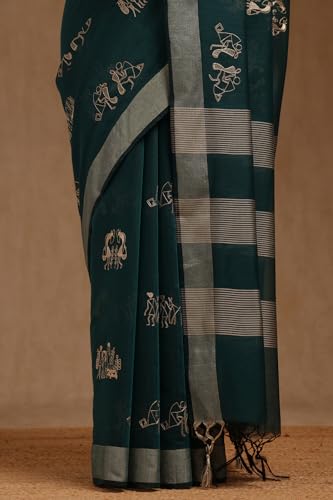Soch Womens Green Chanderi Warli Print Saree With Thread Work