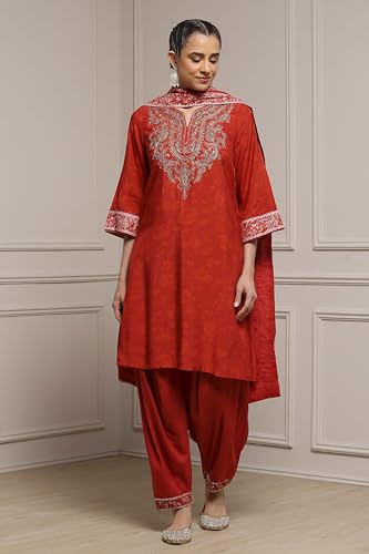 Biba Women Burnt Orange Viscose Blend Straight Printed Suit Set_42