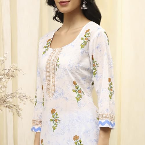 BIBA Women White Cotton Screen Print Unstitched Suit Set_FREE SIZE