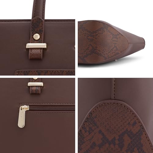Caprese Bambi Large Snake Textured Print Tote Bag for Women | Fits Up to 15 Inch Laptop | Premium Multi-Compartment Shoulder Handbag with Zipper Closure for Office Work and Travel (Brown)