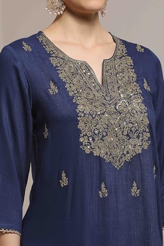Biba Women Blue Viscose Rayon Straight Solid Suit Set_42