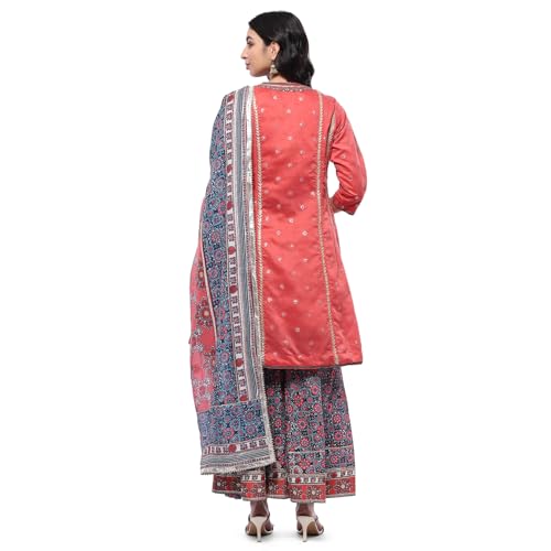 BIBA Women's Coral Polyester Kalidar Suit Set (SKDRUSTICBUTA9460SS24CRL
