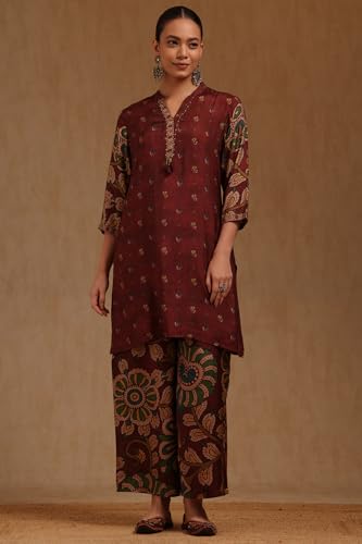 Soch Womens Wine Muslin Kalamkari Print Co-Ord Set With Beads