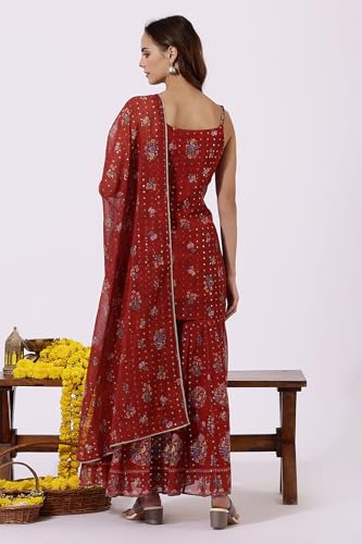 W Red Floral Printed Straight Kurta, Sharara Pant & Dupatta for Women (Size: L)-24AUWS12588-125772