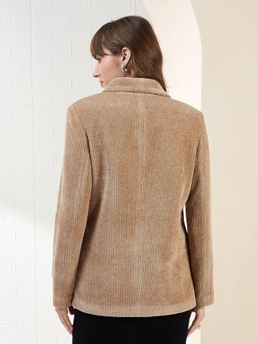 Latin Quarters Women's Brown Full Sleeves Spread Collar Self Design Casual Hip Length Blazer_XL