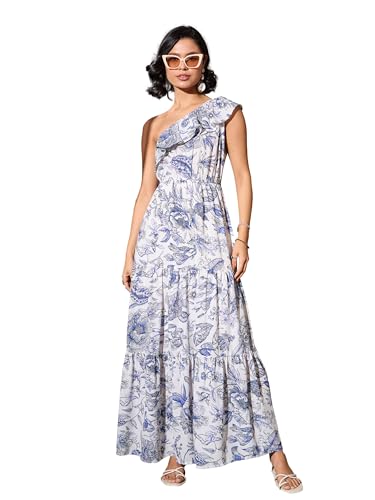 barcino Blue Floral Print One Shoulder Maxi Dress