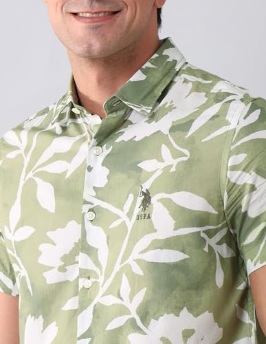 U.S. POLO ASSN. Denim Co. Men's Green Floral Printed Spread Collar Half Sleeve Casual Cotton Regular Fit Shirt (UDSHT1506_Green_39)
