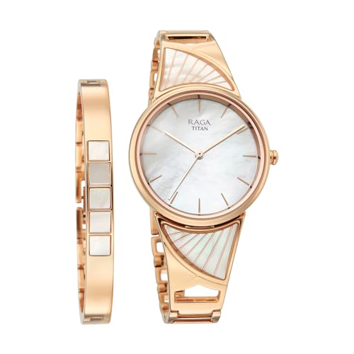 Titan Raga Power Pearls 2.0 with Quartz Analog Mother of Pearl Dial Rose Gold Brass Strap Watch for Women - 2810WM01F