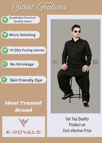 K-ROYALS Afghani Style Men'S Solid Pathani Suit/Luxury Fabric Kurta Pyjama Set (Black, XXX-Large)