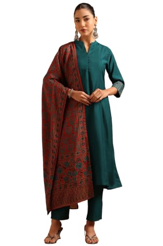 Soch Womens Teal Silk Blend Botanical Zari Embroidery Salwar Suit
