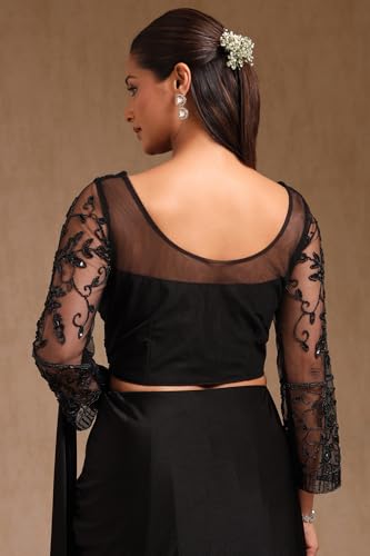 Soch Womens Black Nylon Blend Solid Ready To Wear Saree With Sequins