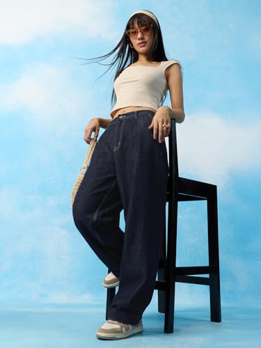 The Souled Store Baggy-Fit Denim: Atlantis Women and Girls Zip Fly Partially Elasticated Back Waistband Ink Blue Washed Cotton Denim Baggy Fit Front Pleat Detailing All-Season Jeans