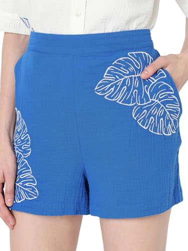 VERO MODA Women Embroidered Blue Cotton Regular Fit Mini Length High Rise Shorts