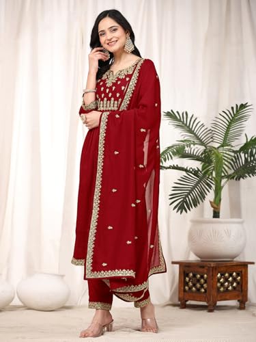 TRENDMALLS Women's Vichitra Silk Embroidery Salwar Suit Set for Women (G225-Red-XL-)