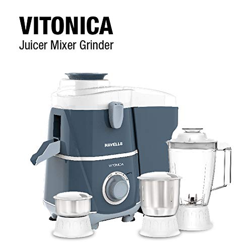 Havells Vitonica 500Watts Juicer Mixer Grinder with 3 Bigger Size Jars | Rust Resistant 304SS Sieve | Large Size Pulp Container | 1.75 Ltr Break Resistant Jar | 5 Yr Motor Manufacturer Warranty (Blue)