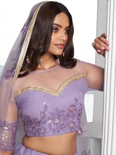 Zeel Clothing Women's Cotton Thread Sequins Work Embroidery Soft Net Readymade Lehenga Choli Set With Dupatta (Nfh-2202-Lavender-Women-Lehenga-Choli-Latest; Free Size)