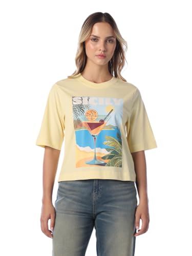 ONLY Women's Graphic Print Regular Fit Yellow T-Shirt