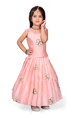 FELIZ THE DESIGNER STUDIO Kids Embroidery South Indian Traditional Pattu Pavadai Silk Blend Readymade Lehenga Choli Dress For Girls-Baby Pink-6-7 Years