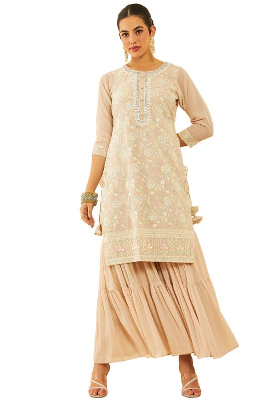 Soch Womens Beige Georgette Sequinned Embellished Suit Set with Tie-Ups