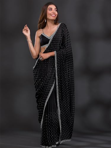 TRENDMALLS Women's Satin Georgette Siroski work Saree with Unstitched Blouse Piece (K1086-Black)