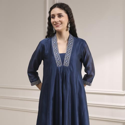 Biba Women Blue Chanderi Gathered Dyed Kurta Set_38