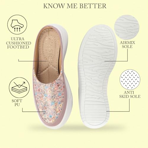 FAUSTO FST FJDWC-7020 PEACH-38 Women's Peach Stiched Floral Print Back Open Height Enhancer Flatform Heel Slip On Casual Shoes (5 UK)