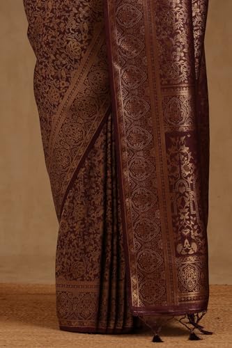 Soch Womens Wine Tussar Floral Zari Woven Saree