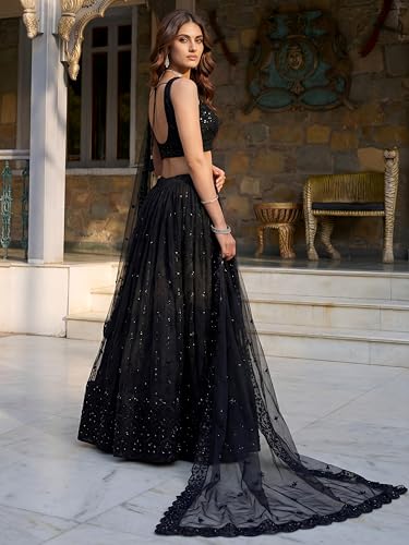 Zeel Clothing Women's Resham & Zari Embroidered Net Lehenga Choli with Dupatta (5056-Black-Women-Lehenga-Choli-Set; Free Size)