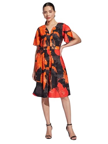 Latin Quarters Women Black V-Neck Short Sleeve Printed A-Line Dress for Casual Wear