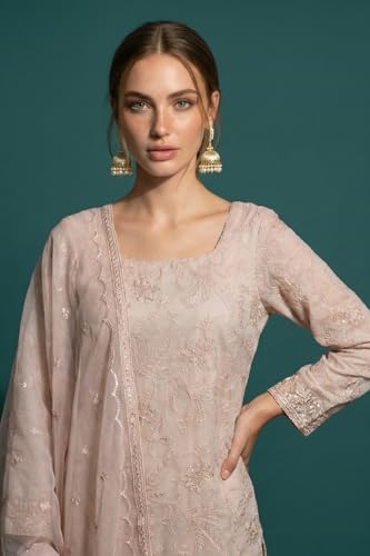 Wishful Women's Beige Embroidered Organza Straight Kurta with Parallel Pants and Dupatta Set - (SP13783-400522-M)