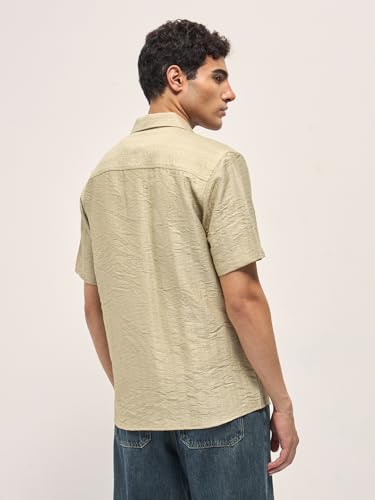 THE BEAR HOUSE Men's Textured Regular Fit Casual Shirt Beige