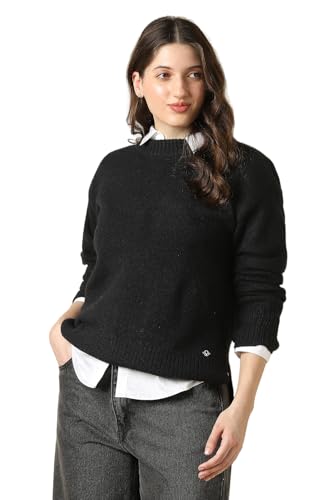 Women Black Solid Round Neck Casual Sweater