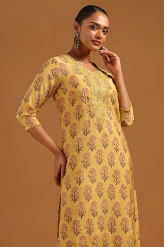Soch Womens Yellow Muslin Botanical Embroidered Kurta Set