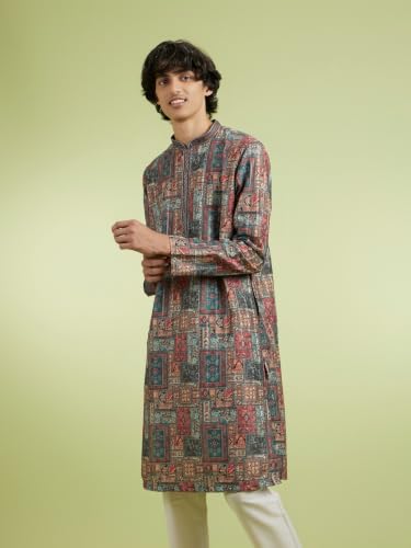 DIWAS BY MANYAVAR Men's Art Silk Printed Festive Kurta Set (2pc) (Orange, XXL)