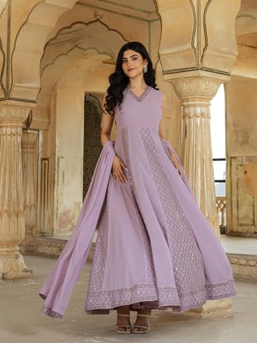 FUSIONIC Graceful Lavender Georgette Embroidered Gown with Flowing Dupatta for Festive Glamour