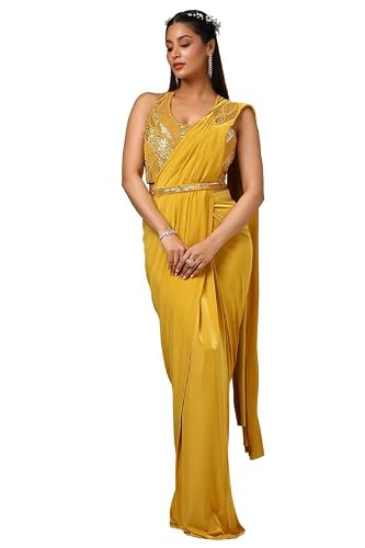 Soch Womens Mustard Nylon Blend Sequin Ready-To-Wear Saree With Belt