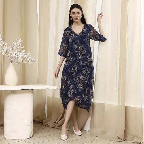 Biba Women's Georgette A-Line Knee-Length Casual Dress (VINWIN30557AW25BLU_Blue