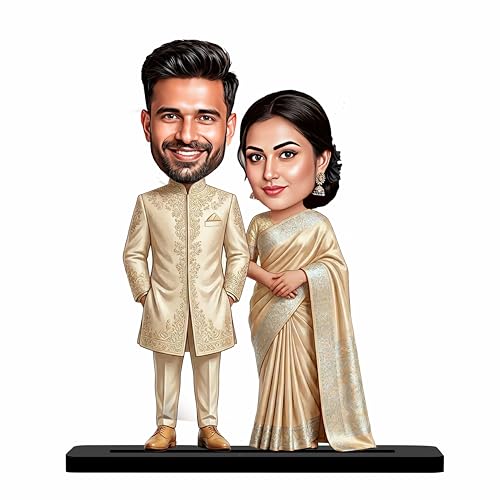 Giftvibes Personalized Couple Caricature Gift, Traditional Sherwani Saree Wedding Engagement Customized Wooden Caricature Standee Photo Frame for Husband Wife, Friends Unique Wedding Gift for Couples